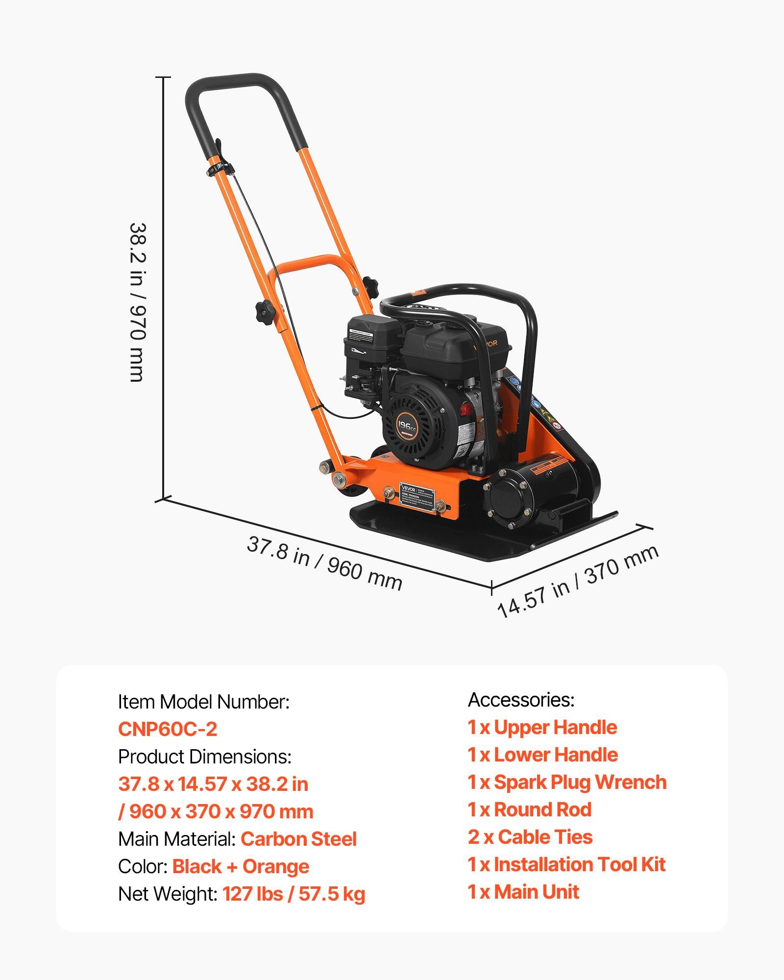 VEVOR Plate Compactor, 6.5 HP 196CC Gas Engine, 5600 VPM Vibrating Ground Rammer, 2360 lbs Compaction Force, 20.1 x 15 in Plate, Walk Behind Compactor for Paver Landscaping, Asphalt, Foundation, Soil