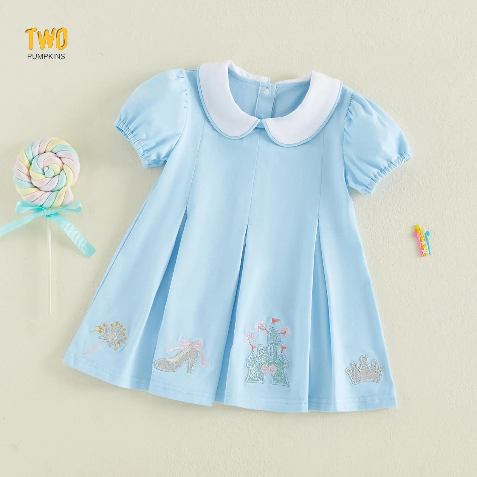 Toddler Baby Girl Summer Dress A-line Short Sleeve Doll Collar Cute Castle Tiara Embroidery Princess Dresses