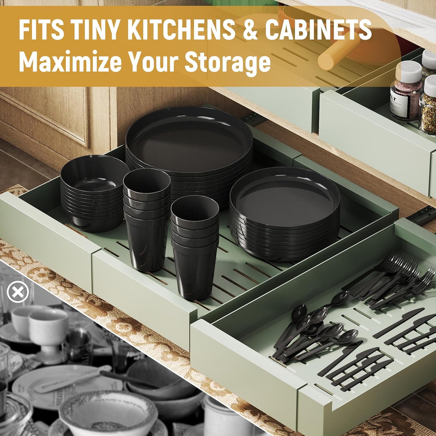 20 count Apartment Essentials Dinnerware Set, Stackable Space-Saving Plates & Large Flat Bowls (Pasta/Salad), Modern Matte Unbreakable Plastic Dishes, Microwave Safe, Black