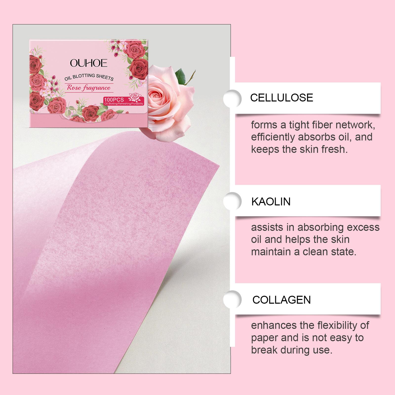 OUHOE Oil Blotting Sheets (Rose), Cellulose & Kaolin Dual Oil Control, Rose Flower Extract Beauty Care + Vitamin E Antioxidant, Brightens Skin, Makeup-Friendly No Powder Removal, Soft for Oily Skin