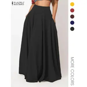 Women's Solid Pocket Flared Casual Skirt, Elegant High Waist A-Line Maxi Skirt for Party Holiday Wedding Guest, Ladies Bottoms for All Seasons