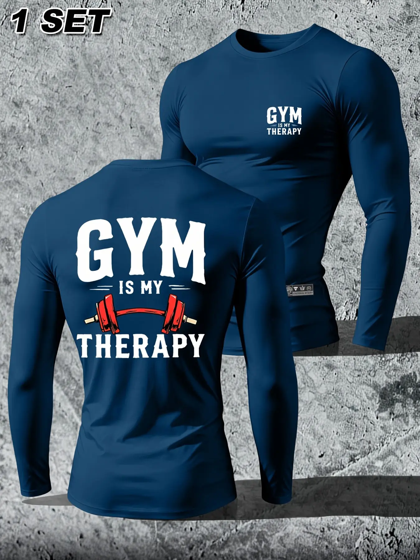 Men's Motivational Gym Is My Therapy Graphic Compression Long Sleeve Top, Dumbbell Back Print Stretch Slim Crew Neck Athletic Training Tee For Bodybuilder Outfits #summersaledeals2026 #fitnessmotivation #bodybuildertop #sportslongtee