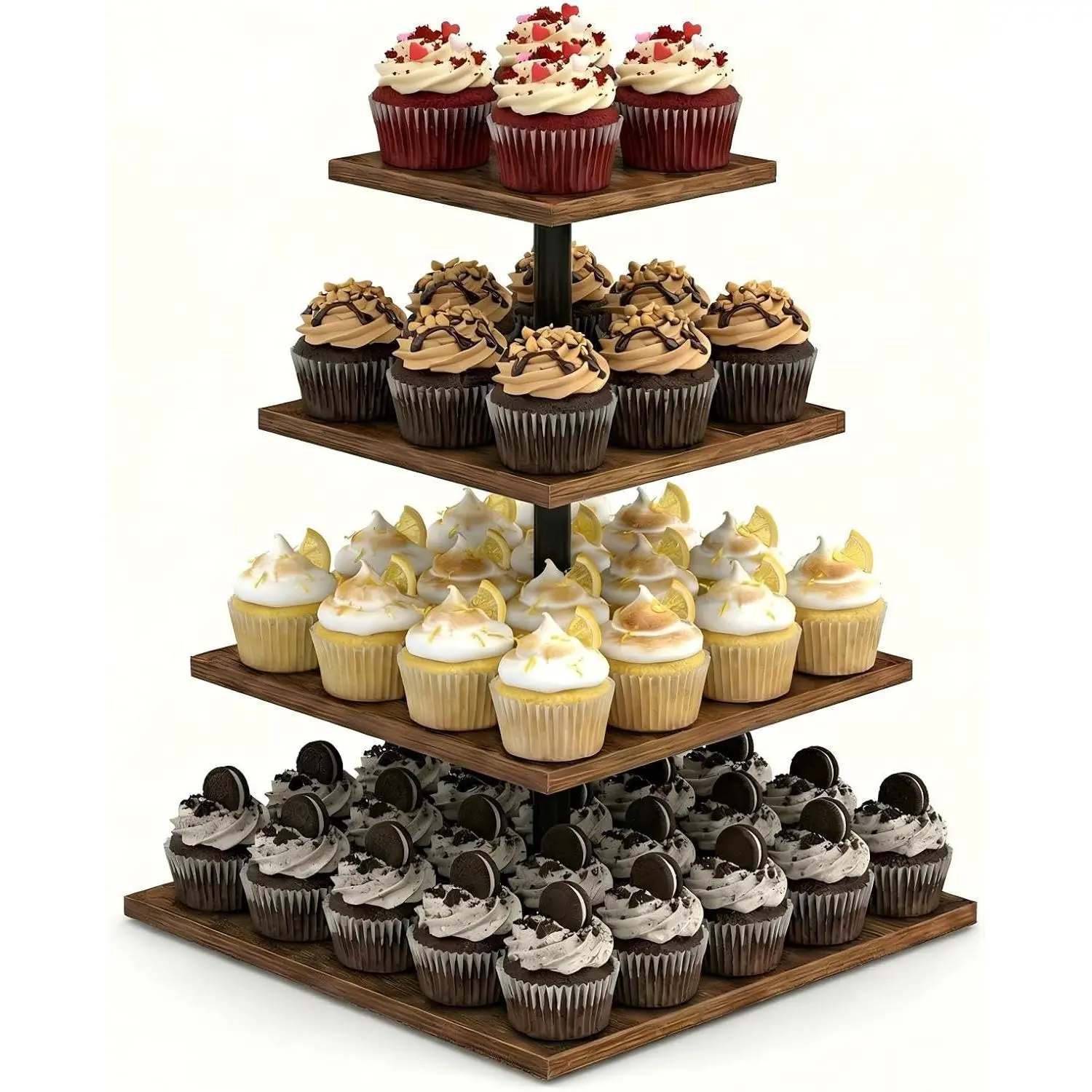 4 Tier Cupcake Stand, Wooden Dessert Display Tower for 50 Cupcakes, Rustic Tiered Serving Tray for Wedding, Birthday, Baby Shower and Bar Decor