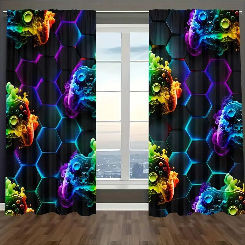 2-piece neon gaming controller  Embroidered semi-transparent curtains, rod bag curtains, Window Drapes, suitable for living rooms, bedrooms, home decoration, machine washable, hookless, Pattern Curtains