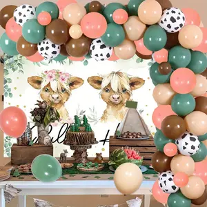 76Pcs Highland Cow Bull or Heifer Holy Cow Gender Reveal Backdrop Brown Balloon Garland Arch for Cowboy Cowgirl Farm Highland Cattle Baby Shower Party Supplies
