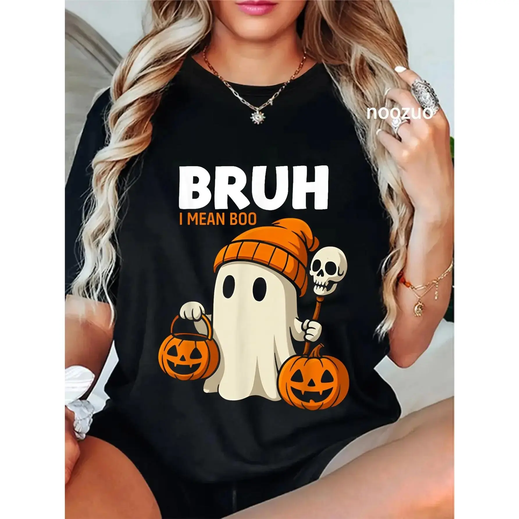 Ghost Style Halloween Theme T-Shirt with Skull and Pumpkin Graphic Print - Round Neck, Short Sleeve, Street, Vintage, Dark Aesthetic, T Shirt, Everyday