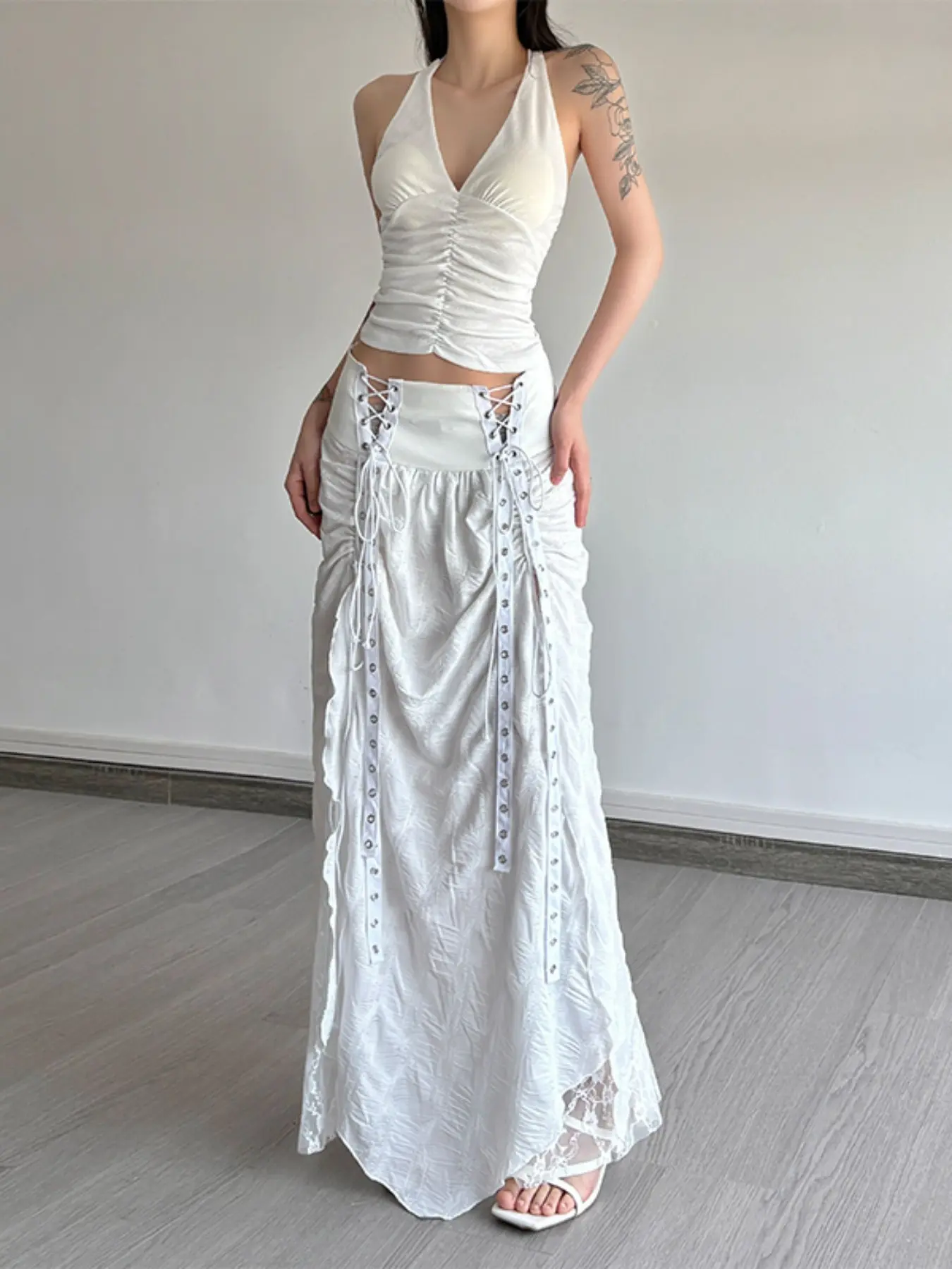 2 Pack Women Gothic Punk Loose Lace Up Maxi Skirts, High Waist Eyelet Grommet, Irregular Frayed Hem, Long Skirt, Dark Grunge Streetwear