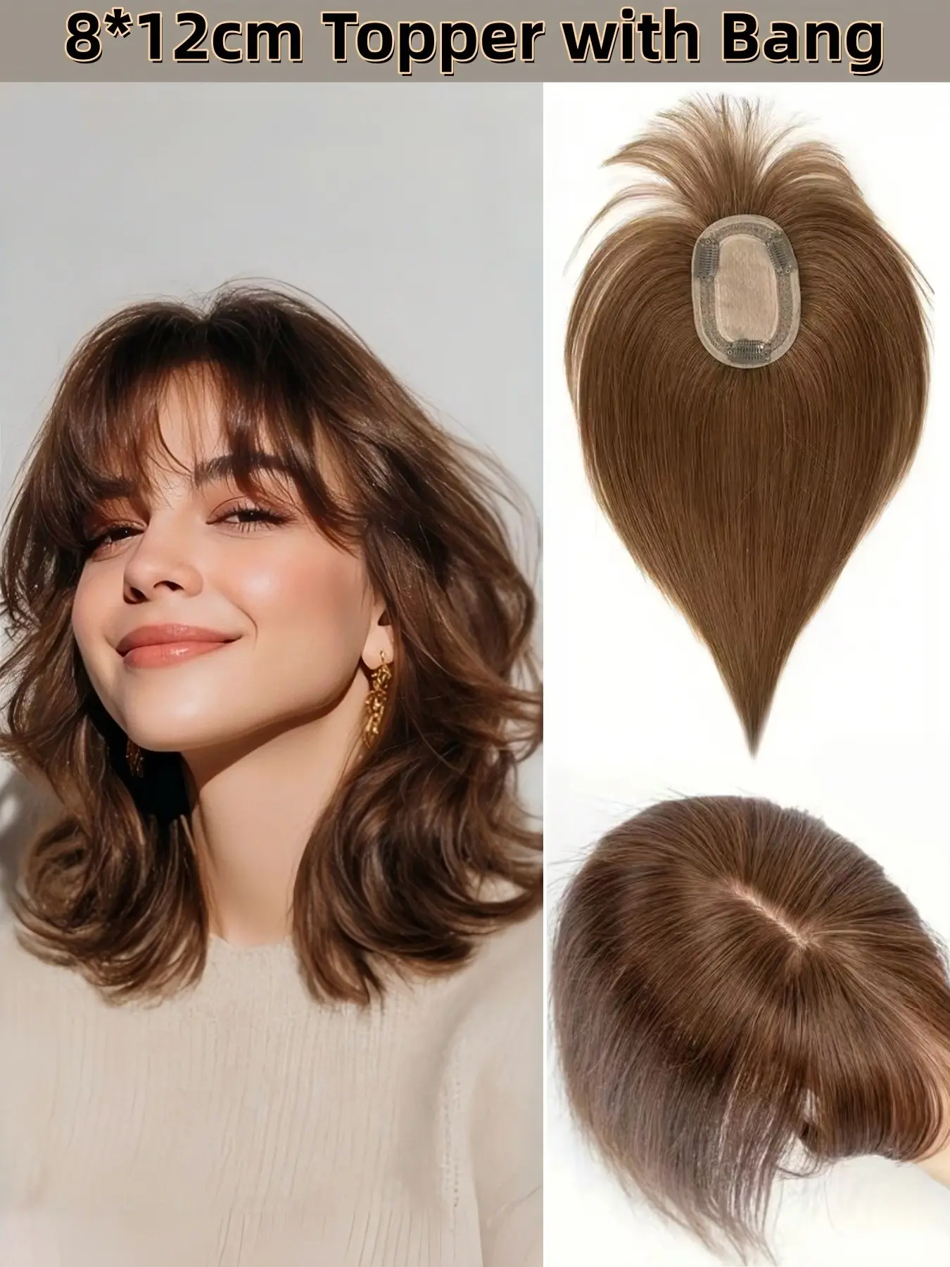 8x12 Human Hair Topper with Front Bangs Extensions for Women, Invisible Clip-In Hairpiece, Natural Look, Ideal for Thinning Hair, Baldness, Volume & Coverage