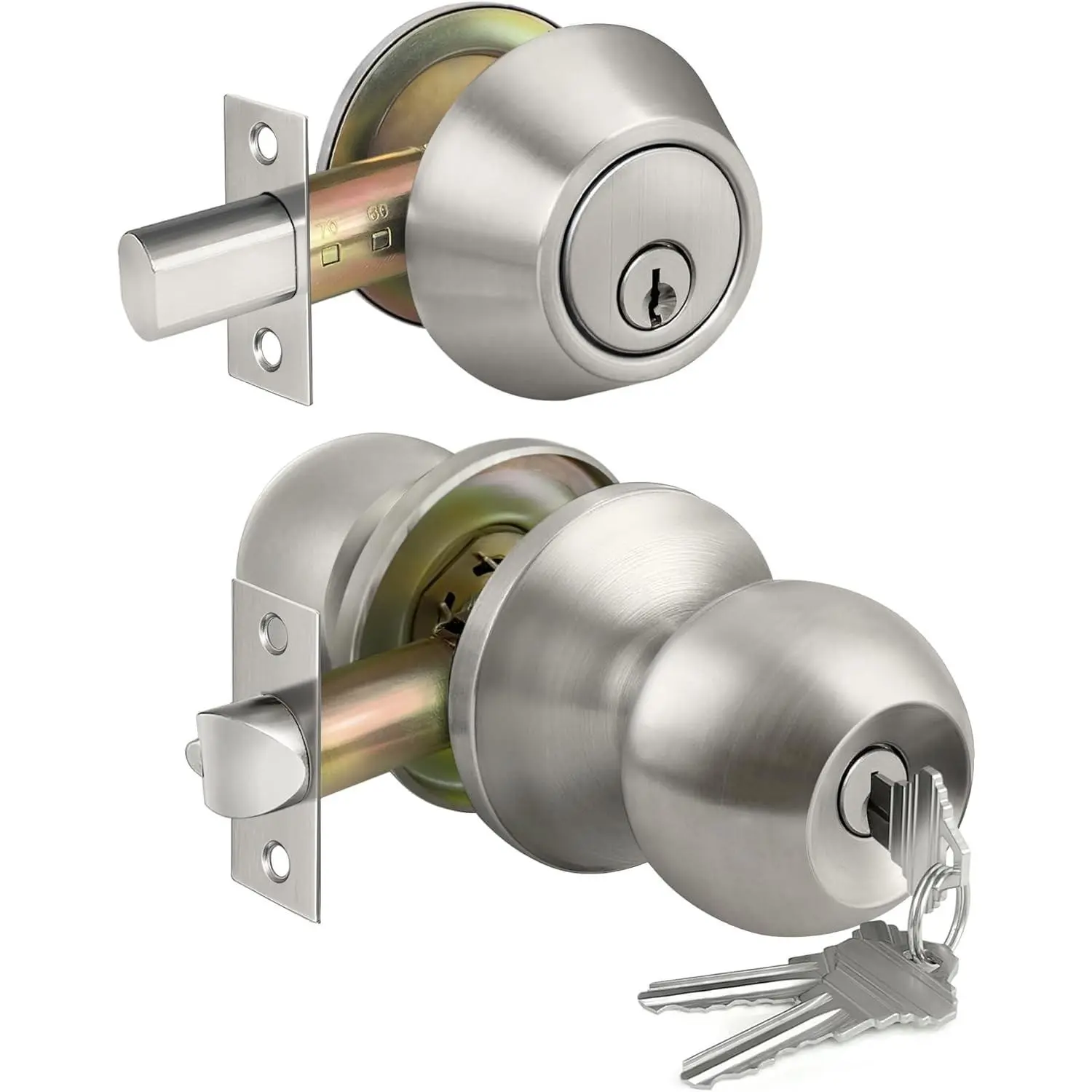 Keyed Alike Exterior Door Knob and Single Cylinder Deadbolt Combo Set with Keys, Entry Door Lockset for Entrance and Front Door, Satin NickelGift