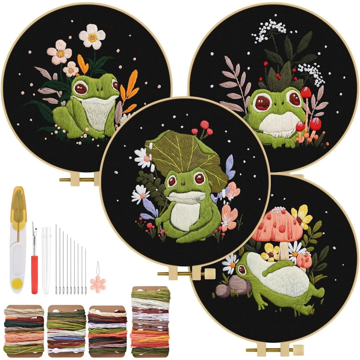 4 Pack Embroidery Kit for Adults, DIY Starter Set with Stamped Patterns, Hoop, Tools, Colorful Threads, Needles and InstructionsGift