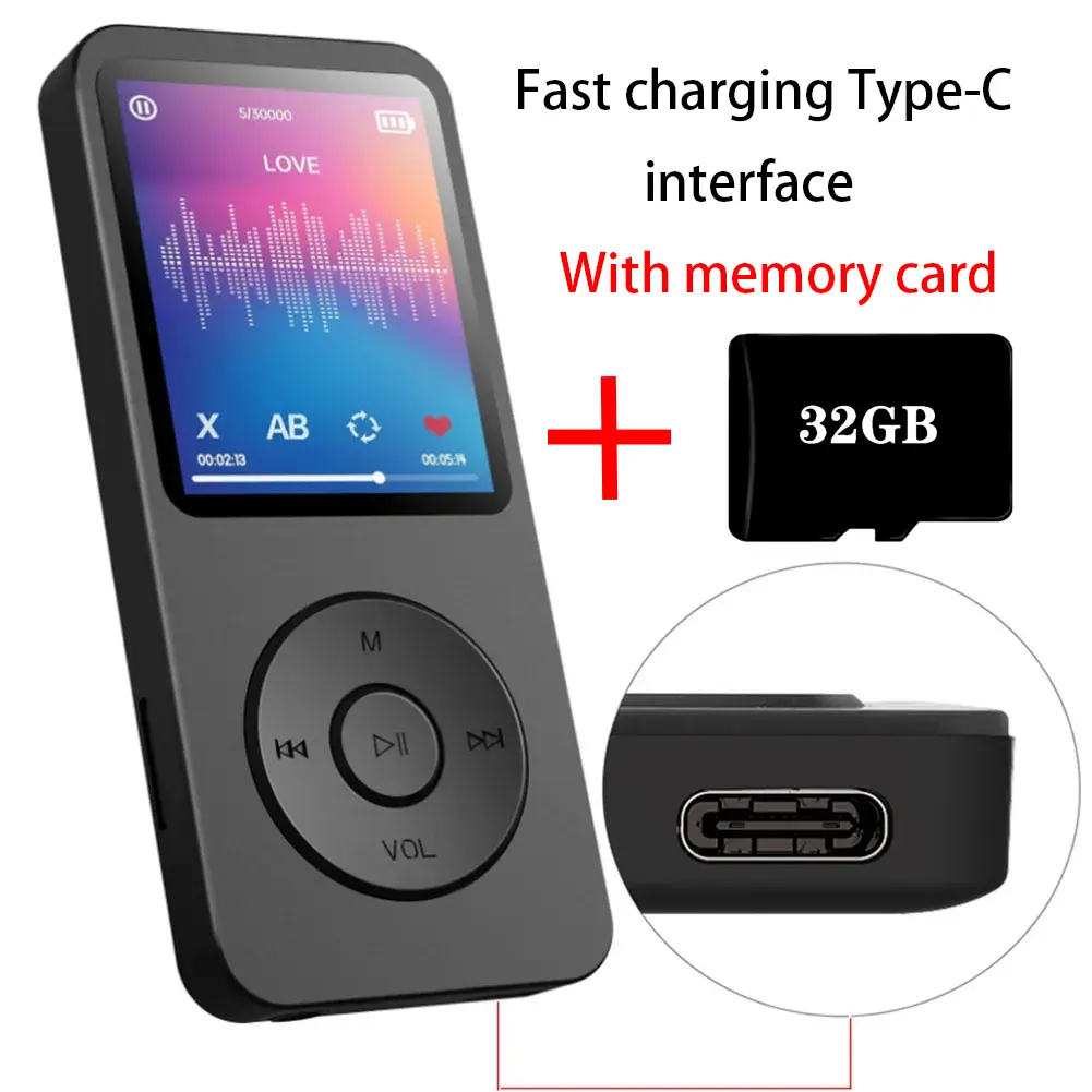 Portable MP3 Player - 3.54x1.54x0.39 Inches Compact Audio Device, 5.4 Bluetooth, Type-C Port Fast Charging, Memory Card Support, FM Recording, Wireless E-book, APE Compatibility, Media Playback MP3 & MP4 Players