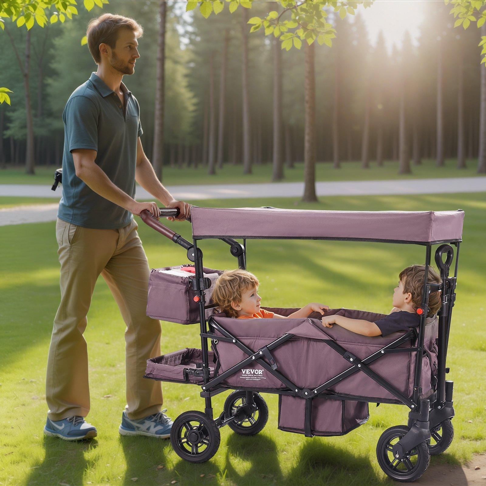 VEVOR Wagon Stroller for 2 Kids, Push Pull Quad Collapsible Stroller with Adjustable Handle, Encircling Harness Removable Canopy,4 Wheels w/ Brakes,Mutifunction Tandem Stroller for Camping Dark PurpleSummervibes