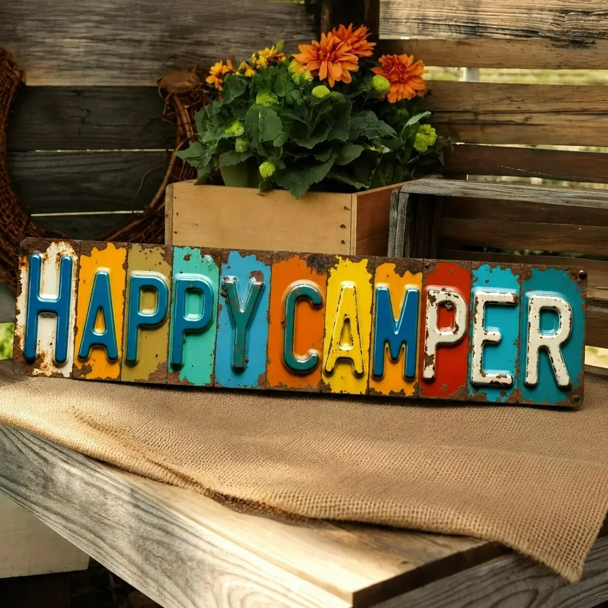 Vintage Happy Camper Metal Sign, Camping Wall Decor for RV Life, Camper Trailer, Cabin, Garage, Porch and Outdoor Adventure Decoration (4x16 Inch)