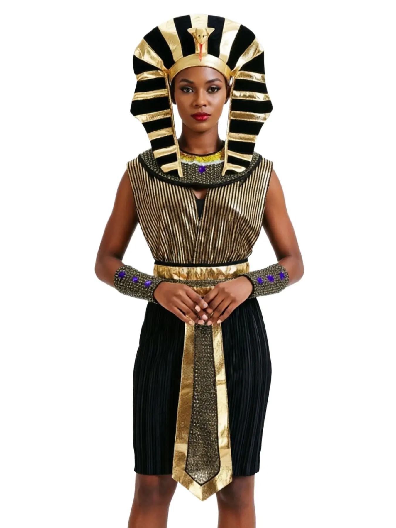 Complete Cleopatra Egyptian Costume Women with Black Gold Striped Dress Headpiece and Arm Cuffs for Themed Stage Performance Party Photo Booth Prop