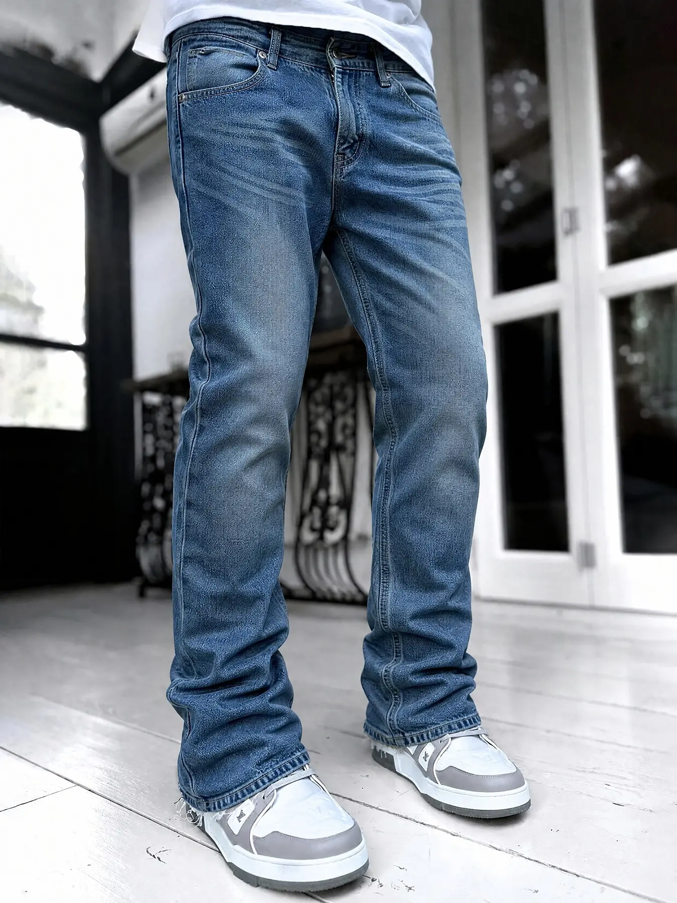 Men's Vintage Washed Micro Flare Jeans, Tiger Stripe Cat Hair Gradient Faded Elastic Slim Ankle Trendy Casual Long Pants