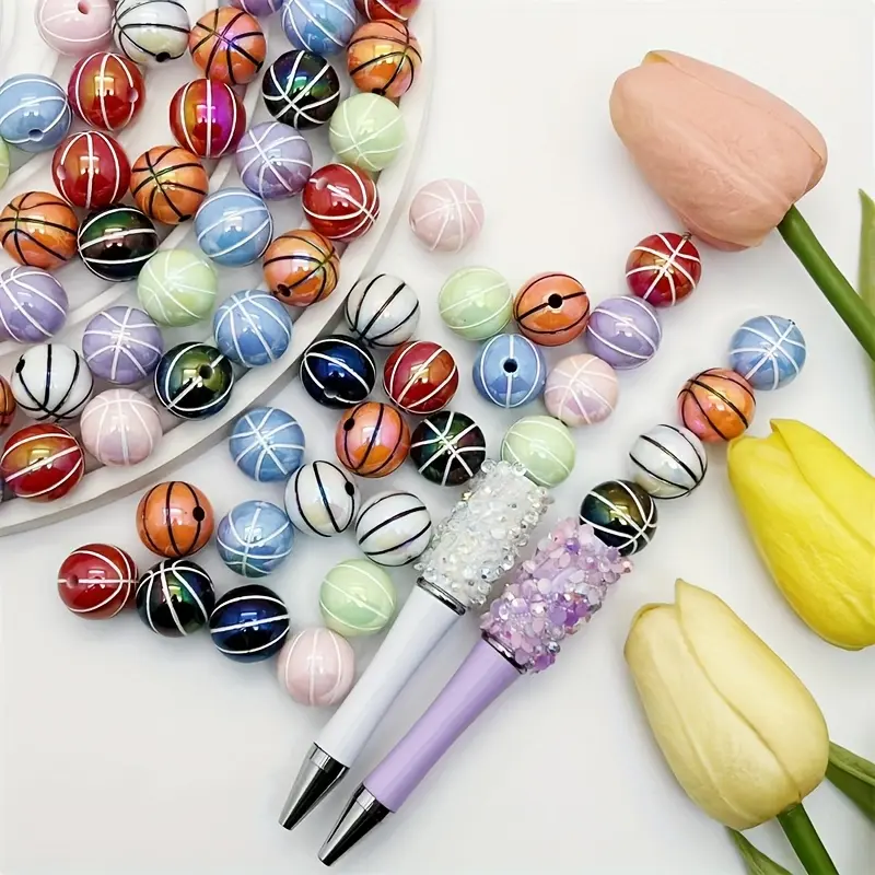 27pcs 16mm Coated Finish Acrylic Basketball Beads, Straight Hole Handmade Beads for DIY Jewelry Making, Sports Themed Handicrafts
