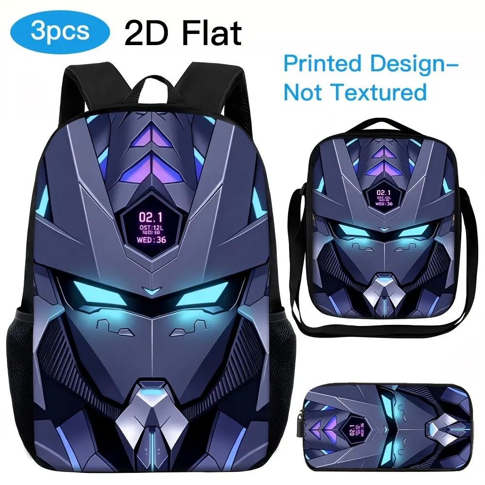 Kids 3-Piece Cyberpunk Backpack Set - Durable 600D Oxford Water-Resistant School Backpack, Lunch Bag, Pencil Case with Adjustable Breathable Straps, Dark Gray Mecha Helmet Print (Cyan Eyes, Purple HUD Screen), Oxfords