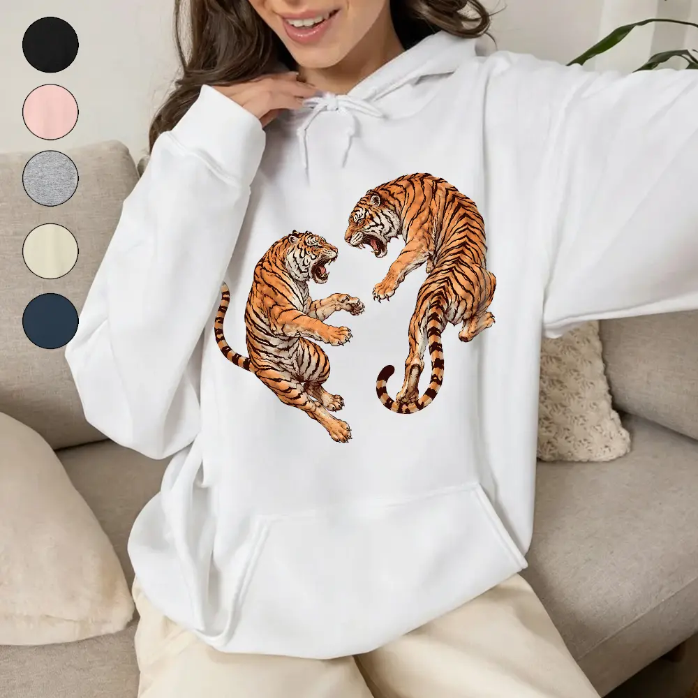 Vintage Two Fighting Tigers Graphic Hoodie - Japanese Tattoo Style Dual Tiger Front Print Pullover Sweatshirt Unisex Oversized Aesthetic Streetwear