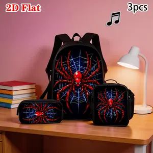3-piece women's bag set, 2D fashion print backpack set, 3-piece women's bag set, trendy street style, shoulder bag, clutch bag, crossbody bag three-piece set, red mechanical spider pattern, essential for young fashionistas on the go, multifunctional backp
