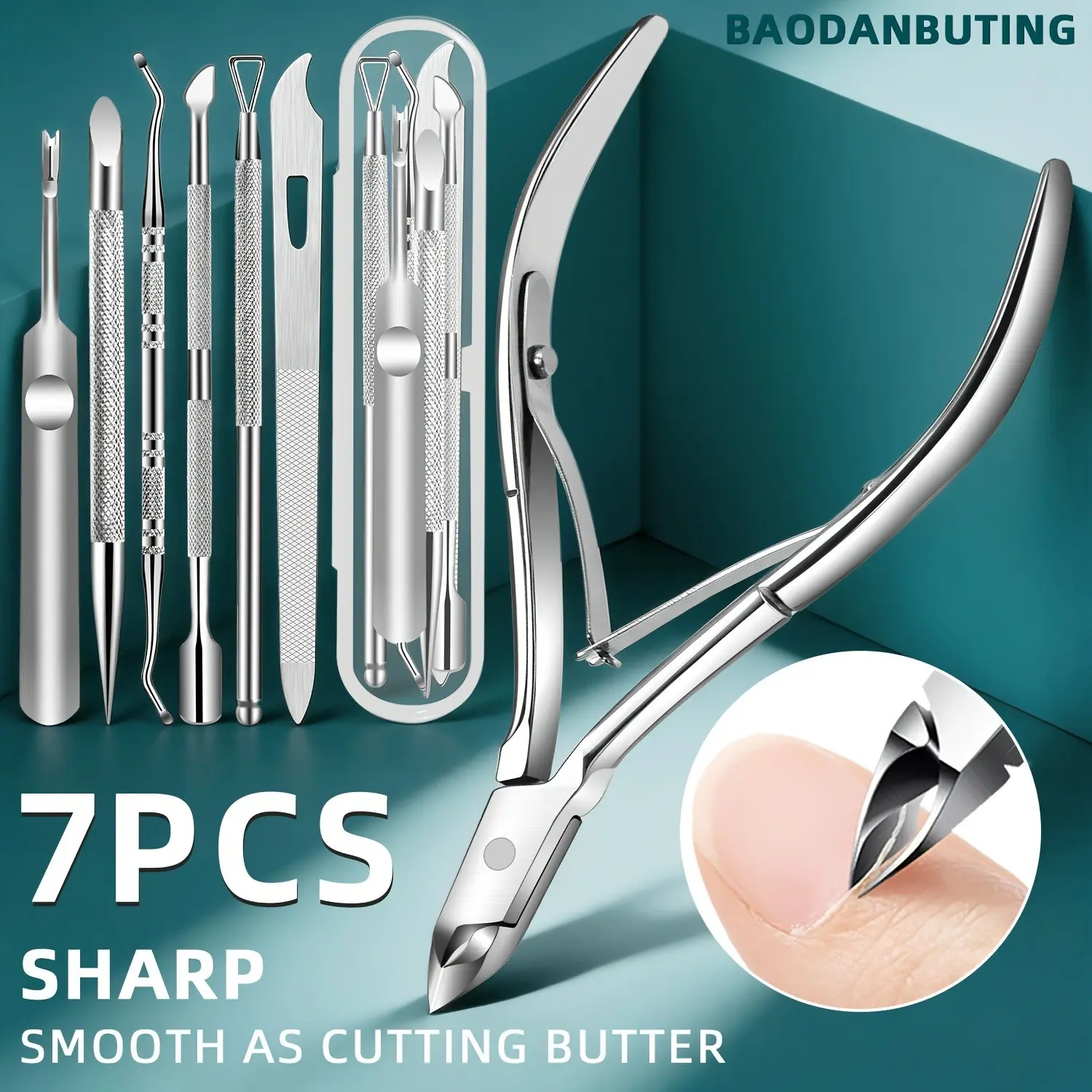 7pcs Stainless Steel Cuticle Tool Set, Cuticle Scissors, Dead Skin Remover, Nail File, Professional Manicure Pedicure Kit for Home Salon Use