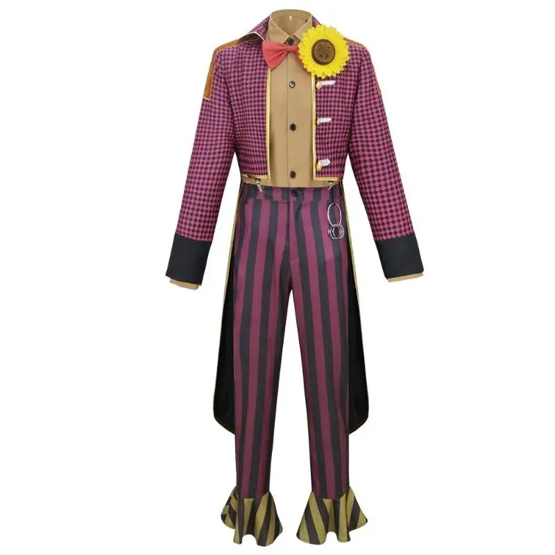 Men's Halloween Clown Cosplay 4-Piece Outfit Set - Sunflower Print Shirt, Suspenders, Coat, Pants, Bowtie for Carnival Party Disguise Adult Menswear Fashion Accessory Set