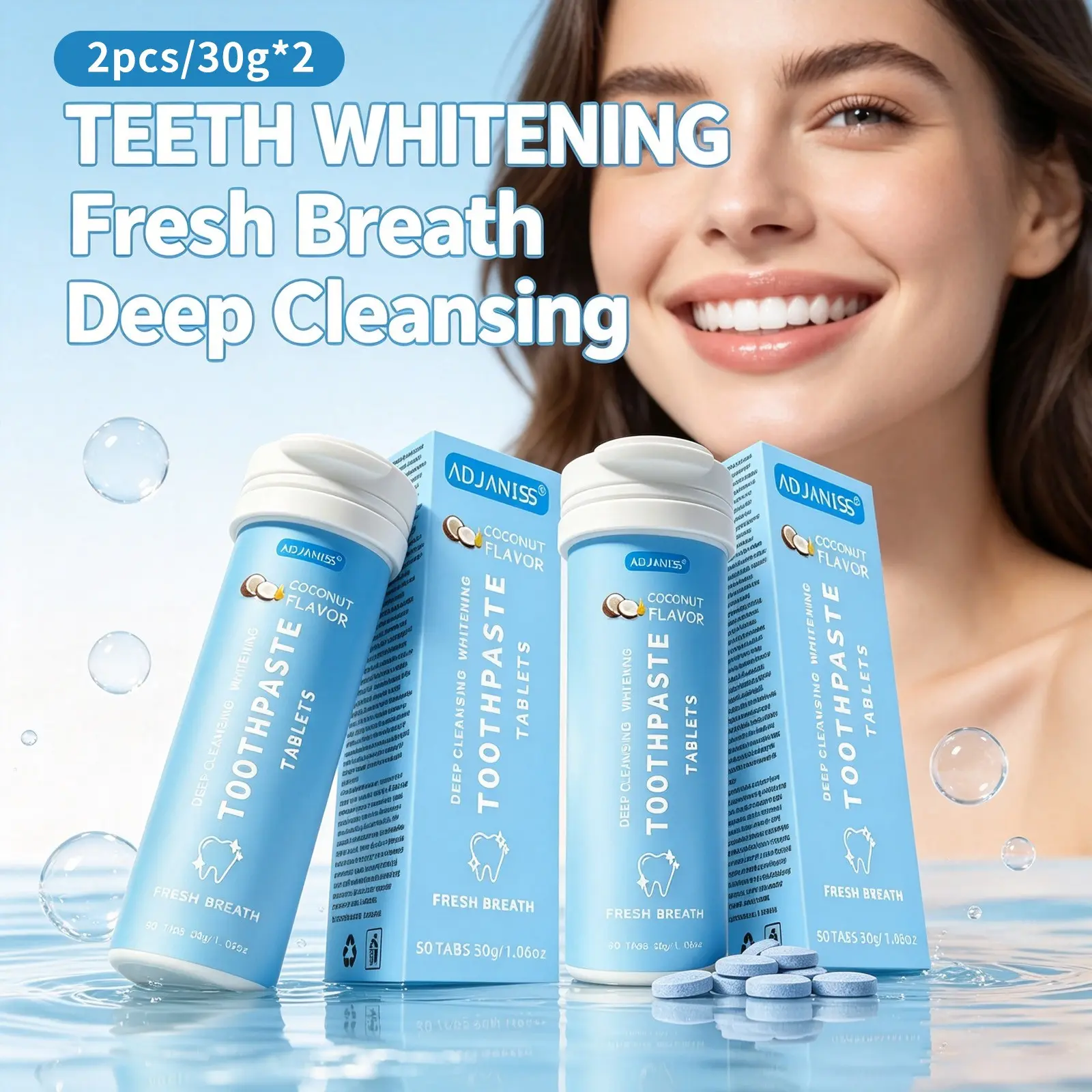 Coconut Solid Toothpaste Tablets, Wiht hydroxyapatite, probiotics, and xylitol, which helps freshen breath and provide deep cleaning. These chew-and-rinse, portable solid toothpaste tablets help make your teeth whiter. 2 pcs/30 g × 2