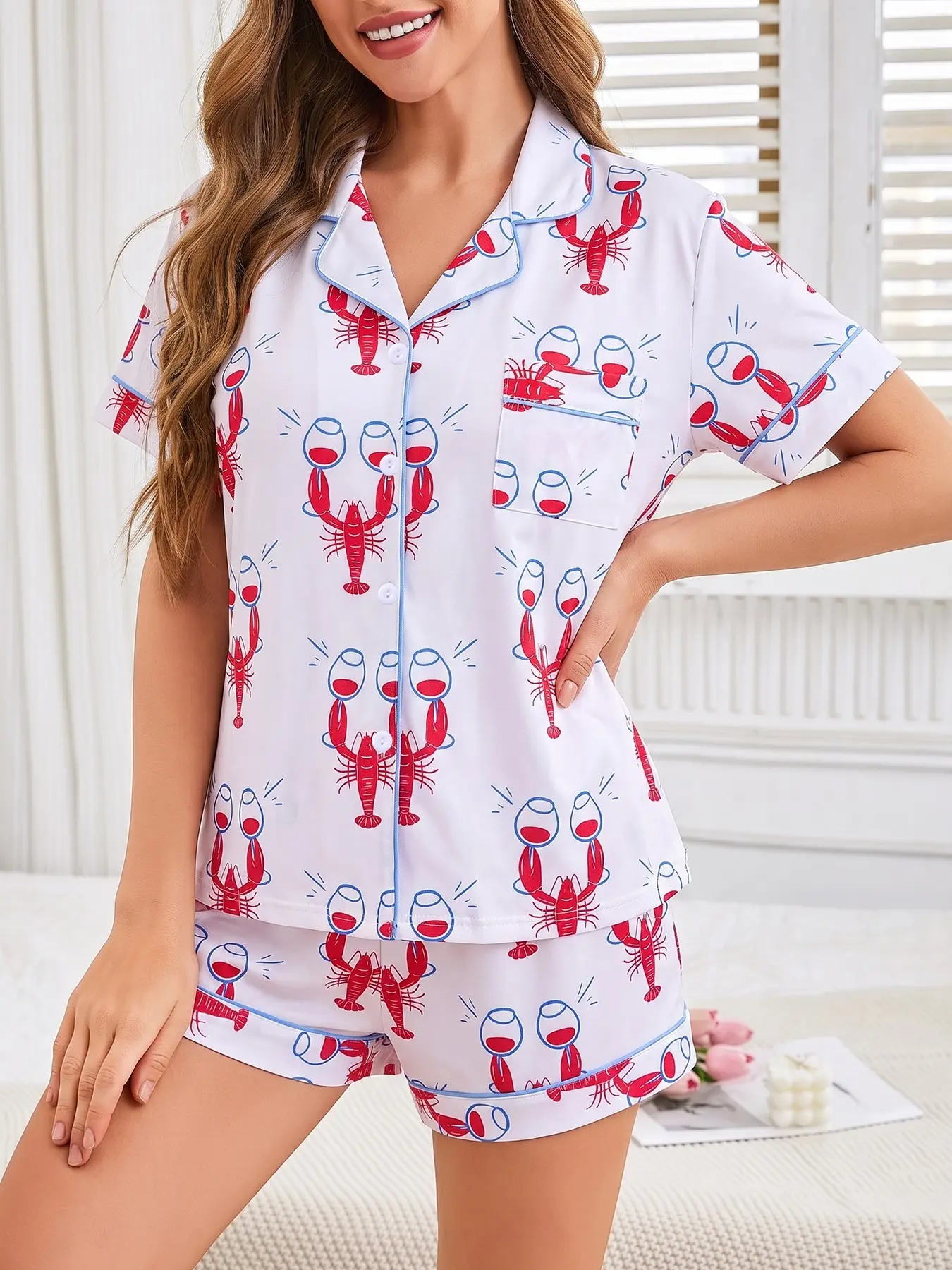 Women's 2-piece pajama set, Nightwear with red lobster and wine glass prints on white base, fresh coastal food style, blue piping trim. Lapel sleep top with chest pocket, soft comfy elastic waist shorts, all-season casual home loungewear for women