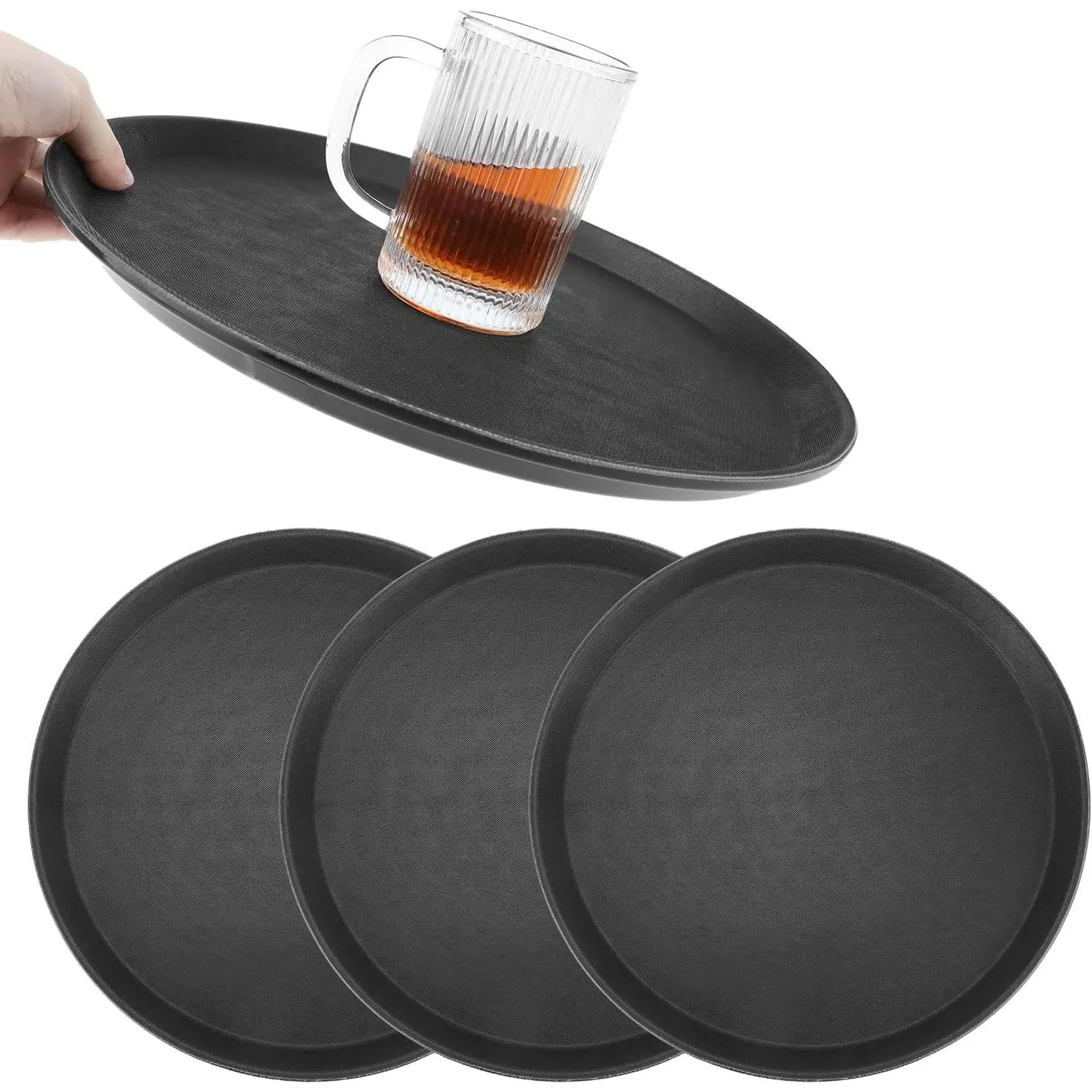 14-Inch Round Non-Slip Serving Tray Set – 4Pack Rubber Surface Drink & Meal Carrier for Home, Café & Catering