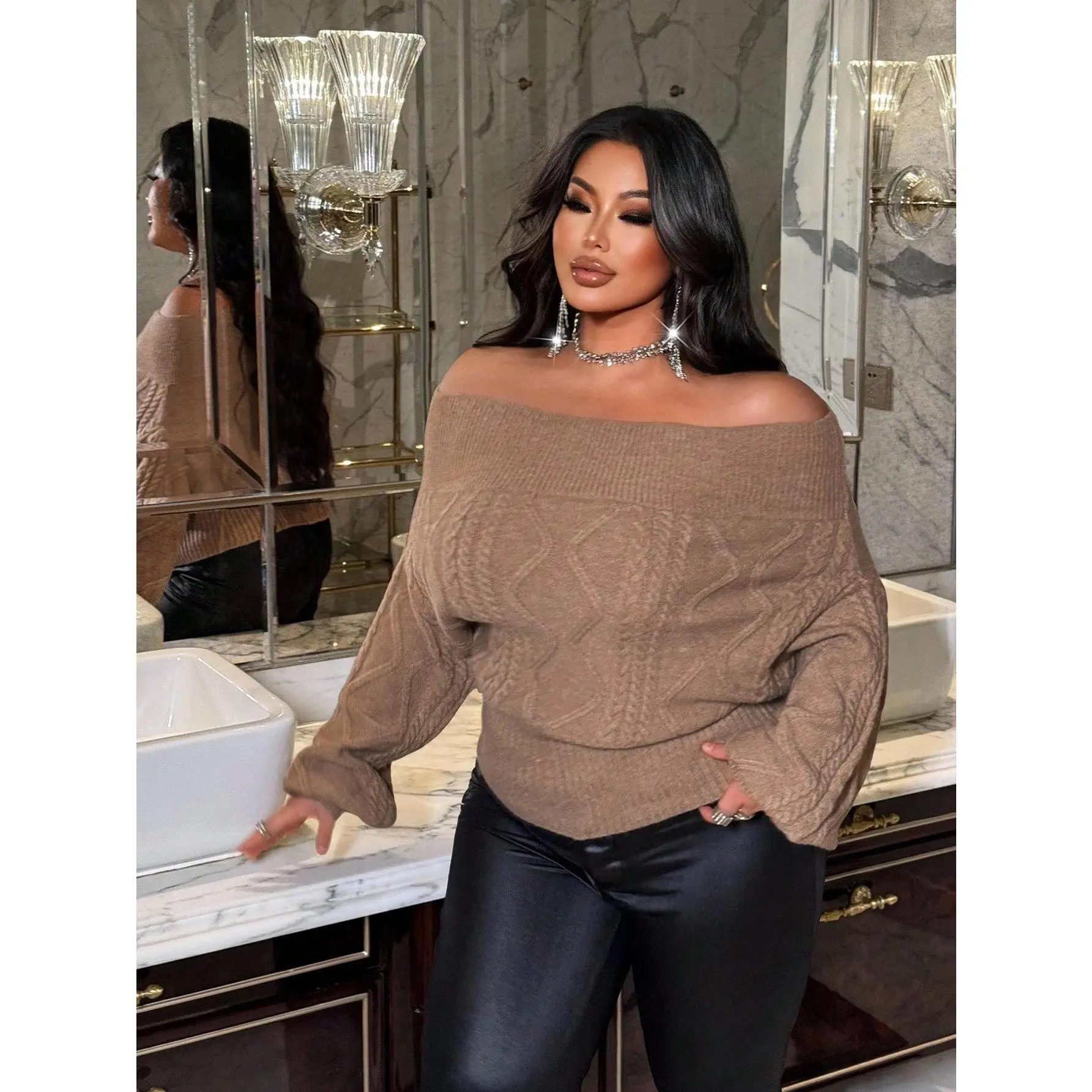 Plus Size Women's Off Shoulder Cable Knit Diamond Pattern Pullover Sweater Fall Winter Cloth For Women Autumn Date Night Chocolate Brown Elegant