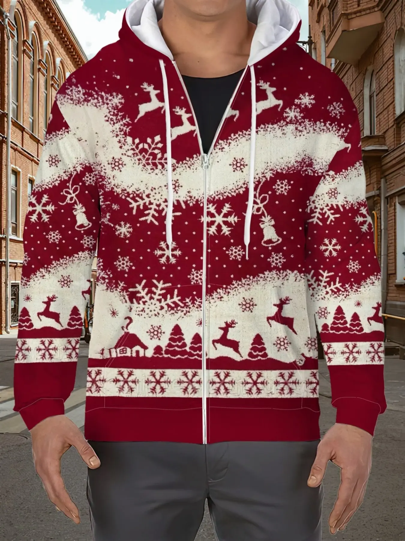 Men's Christmas Theme Hoodie, Winter Thick Warm Fashion Casual Zipper Open Front Coat, Snowflake Reindeer Print, Long Sleeve, Slim Fit