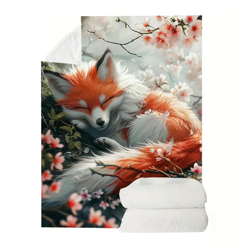 Vintage Fox Print Blanket Cottagecore Room Decor Reversible Flannel Throw Woodland Animal Aesthetic Soft All Season Bedding