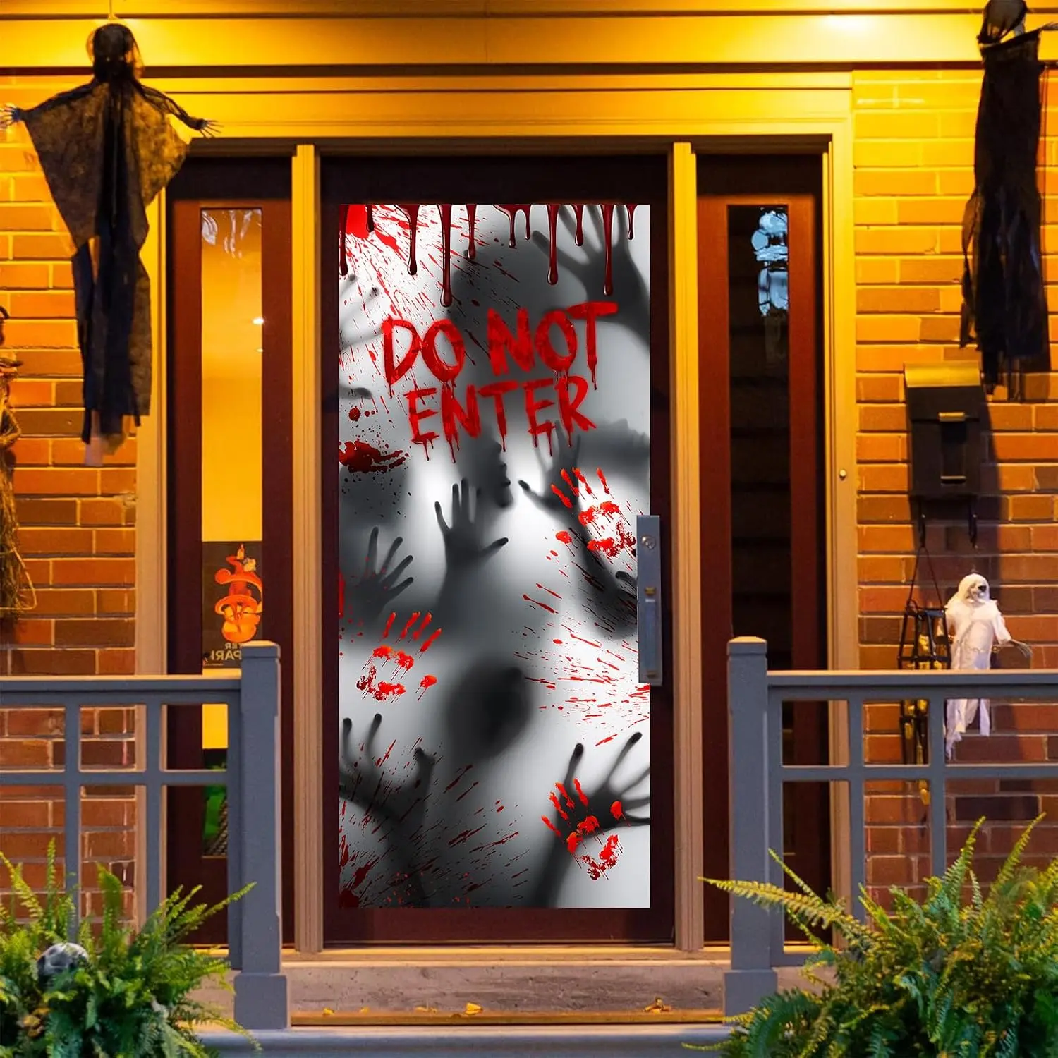 35.4x70.9in Halloween Horror Door Cover - Spooky Look Decor with Scary Hand Prints, Shadow Figure for Front Door, Haunted House Festive Banner Supplies