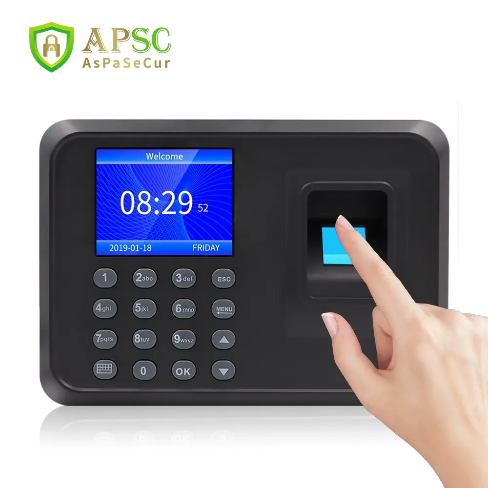 Biometric Fingerprint Attendance Machine with LCD Display Screen, Employee Sign-In Device, Office Use, Multiple Languages, Includes Power Cable
