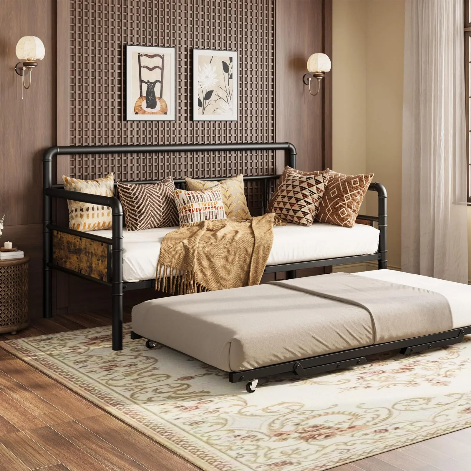 Heavy Duty Metal Trundle Bed Frame with Lockable Wheels, Twin Size Roll Out Pop Up Platform Bed, Quiet Steel Slat Support No Squeaking, Ideal for Small Rooms Kids Guest Sleeping Daybed Pull Out Extra Bed