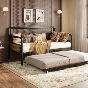 Heavy Duty Metal Trundle Bed Frame with Lockable Wheels, Twin Size Roll Out Pop Up Platform Bed, Quiet Steel Slat Support No Squeaking, Ideal for Small Rooms Kids Guest Sleeping Daybed Pull Out Extra Bed