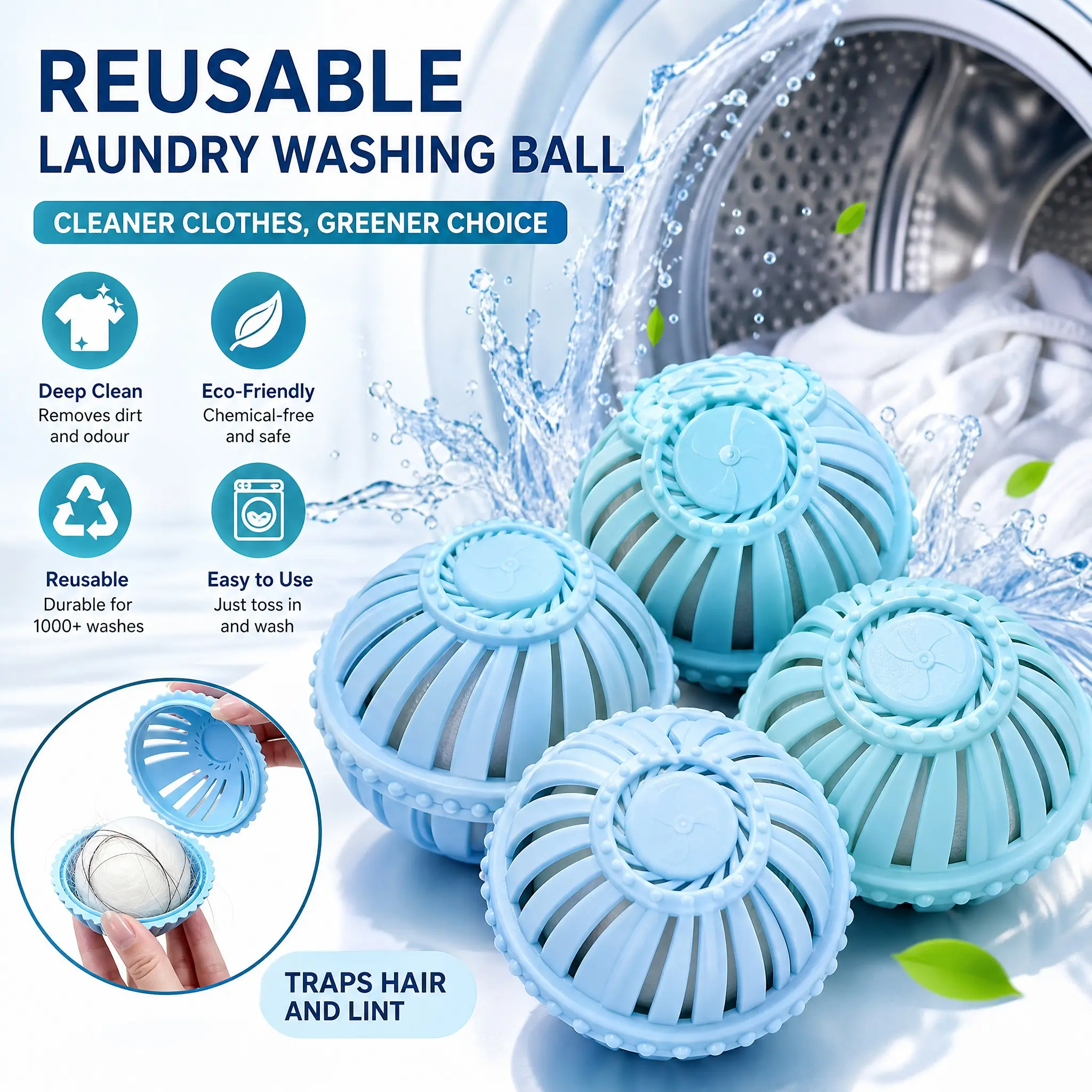 4-Pack Reusable Laundry Balls for Washing Machines, TPR Pet Hair and Lint Removers, Clothes Cleaning Accessories, Blue, Laundry Products