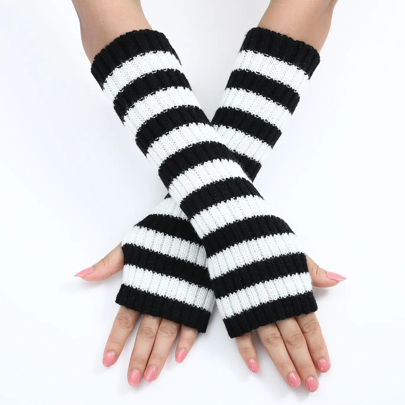 Color‑Block Striped Knit Fingerless Arm Warmers, Mid‑Long Winter Thermal Sleeves, Fashion Knitted Arm Cuffs for Women Fall Daily Wear