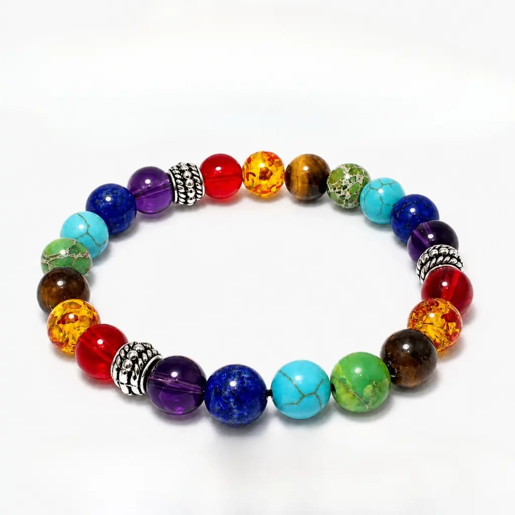 7 Chakra Natural Stone Beaded Bracelet for Women Men, 8mm Healing Crystal Energy Bracelet, Handmade Elastic Unisex Fashion Jewelry, Vintage Alloy Inlay Balance Positive Energy Wristband, 19cm Adjustable Comfort Fit Daily Wear Meditation Lucky Gift for Fri