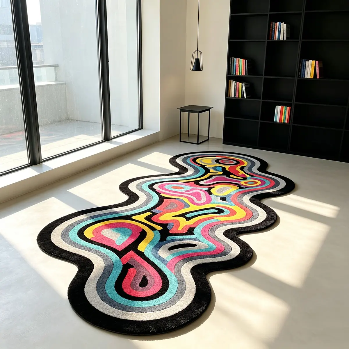 Wave-Shaped Long Rug, Multicolor Abstract Contour Graffiti Print, Thin Velvet Material, Modern Decor for Bedroom Bedside Hallway