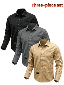 3-Pack Men's Vintage Long Sleeve Button-Down Work Shirts, Classic Casual Daily Wear, Outdoor Hiking, Fishing, Farming, Durable & Comfortable