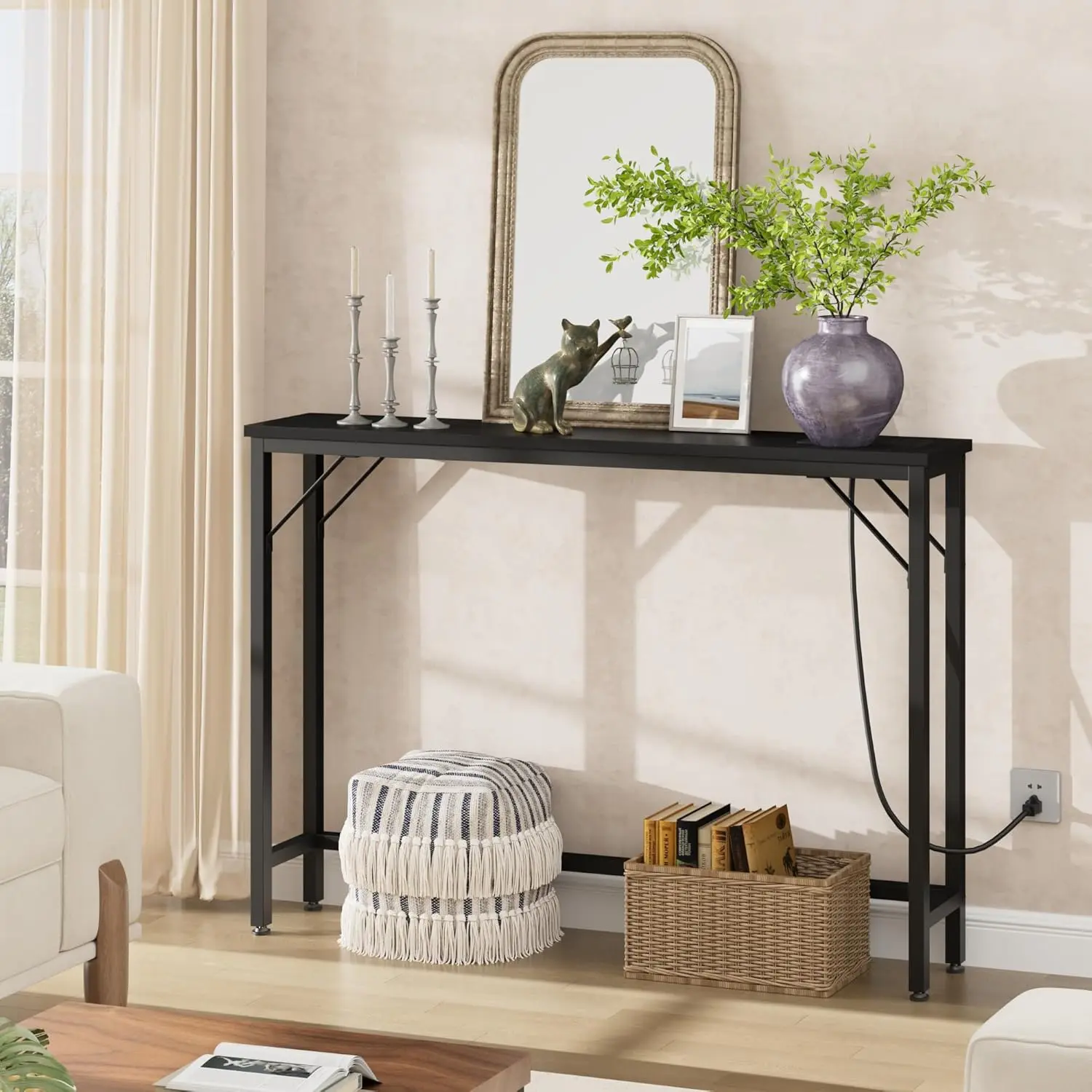 Garvee Slim Console Table with Charging Station – 39.3" Narrow Sofa Table, Built-in Power Outlets & USB Ports, Industrial Metal, Hallway, Behind Couch or Foyer
