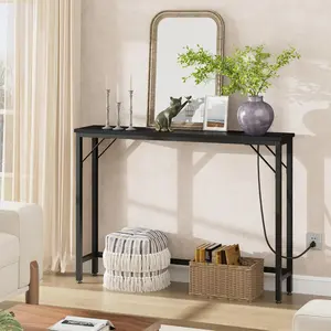 Garvee Slim Sofa Console Table with Storage and Charging Station - 39" Narrow Behind Couch Table for Living Room, Entryway, Hallway - Black
