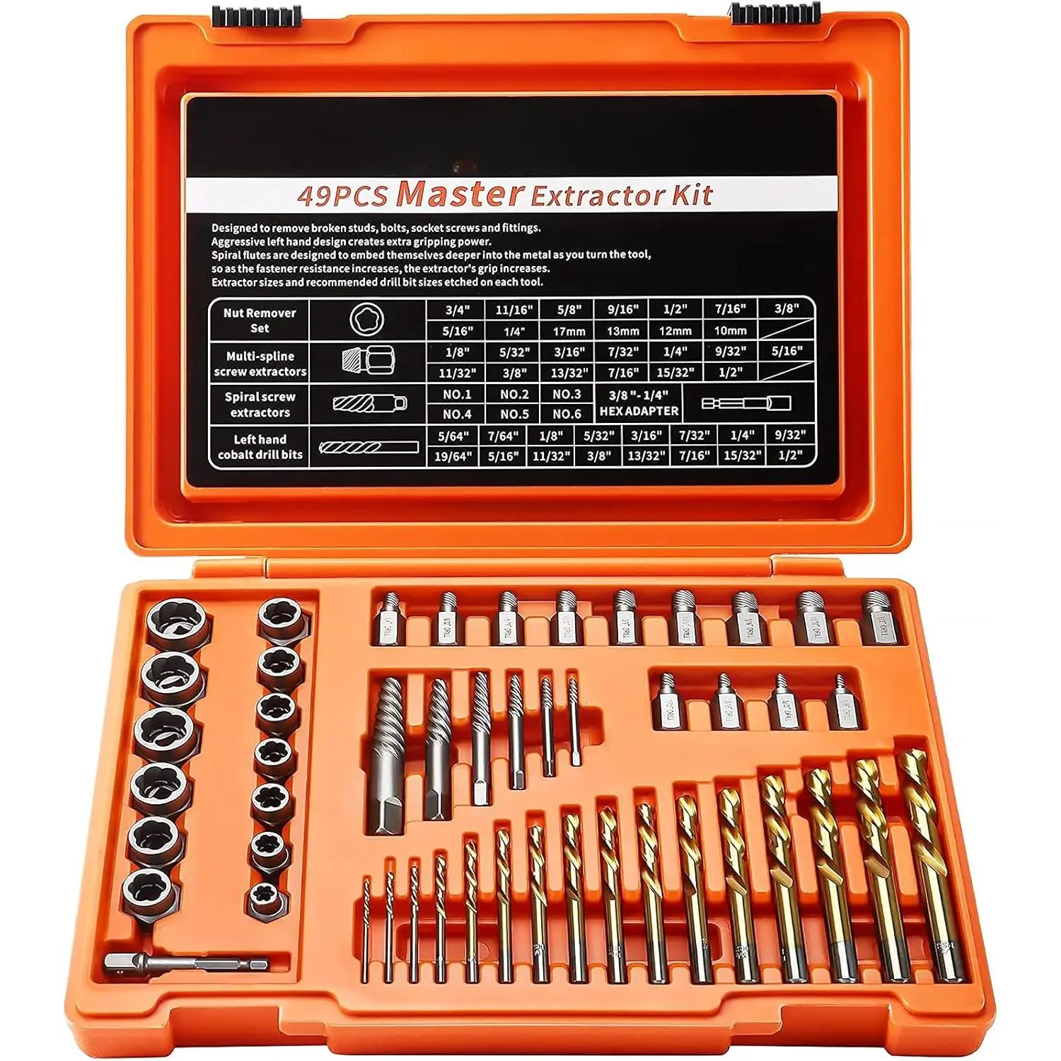 49PCS Screw & Bolt Extractor Set with Left Hand Drill Bit Set, Multi-Spline Easy Out Broken Bolt Remover Tools for Damaged Stripped Rounded-Off Bolts, Socket Screws, Nut, Studs and Fittings