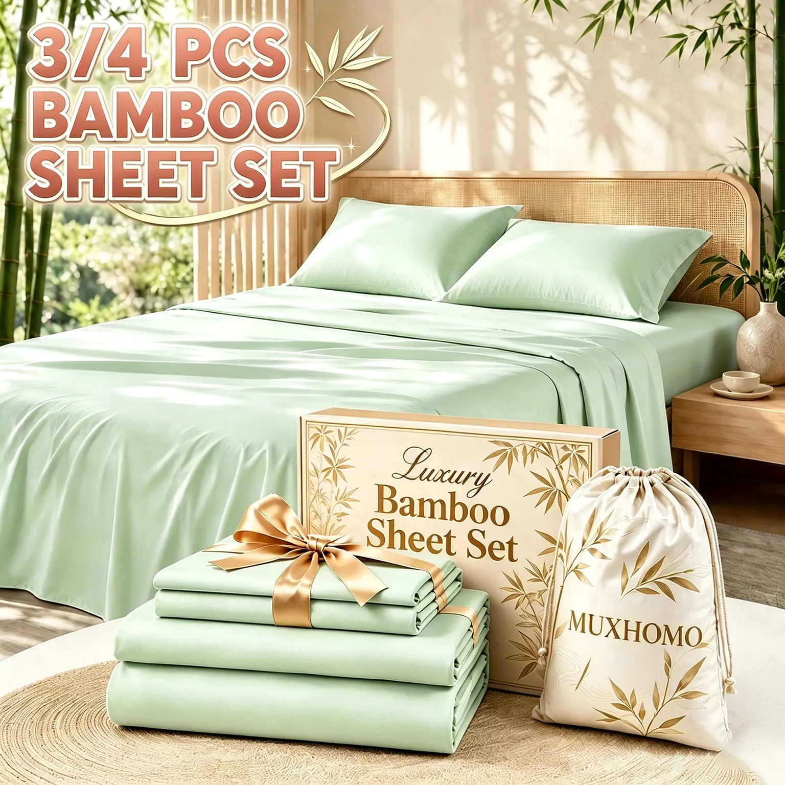 OS OMYSTYLE Cooling 3/4pcs Bamboo Sheet Set, Breathable And Ultra-Soft, Skin-Friendly, Cooling Bedding for Hot Sleepers And Children, 16'' Deep Pocket for Full 360° Coverage, Wrinkle-Resistant, Luxury Hotel Quality, Champagne-Kids Bedding Set