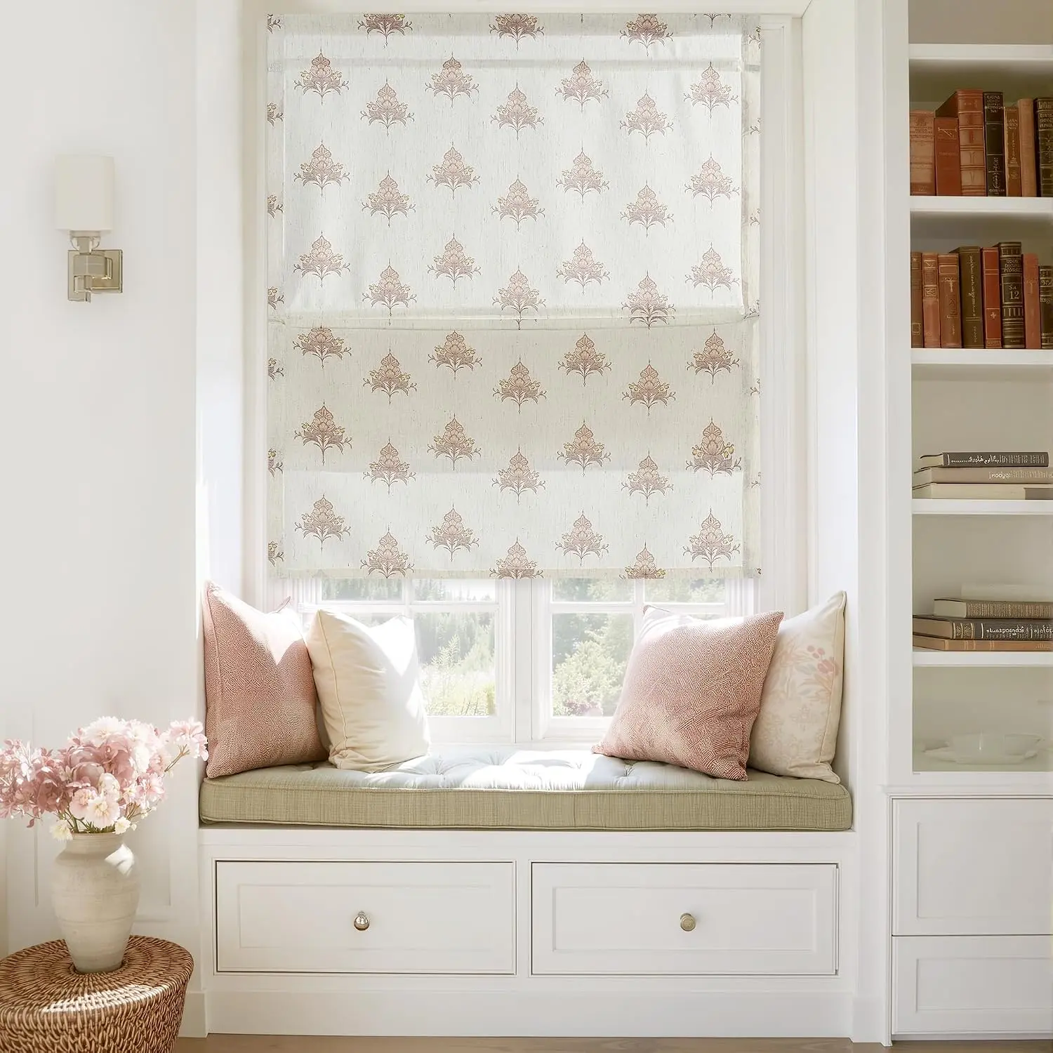 Cordless Floral Linen Roman Shades for Windows, W30 x L64, 1 Panel |  Window Shades, Floral Printed , Light Filtering with ,   Decor, for Living Room