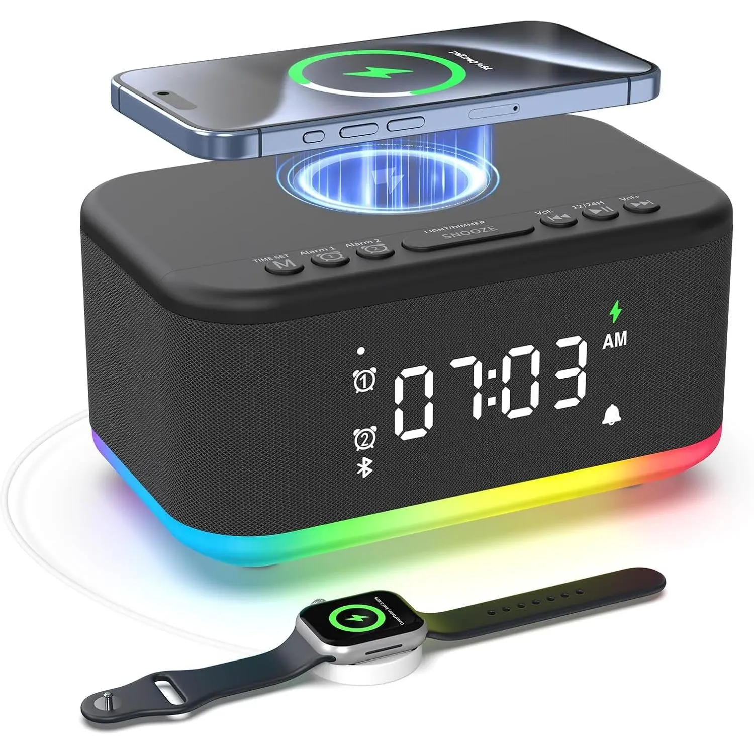 Wireless Charging Alarm Clock with Bluetooth Speaker, Digital Bedroom Clock with Night Light, Dual Alarm, Snooze, 12/24H, Dimmer, AUX, USB Charging, Black