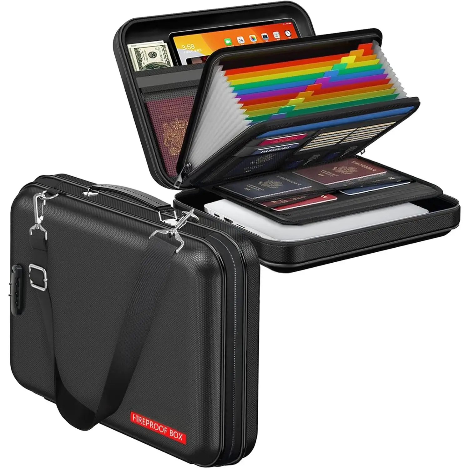 Fireproof Document Box with Lock &  Strap | , Hard-Shell, Portable Fireproof Box Safe Storage with Pocket Accordion File Folder for Documents, Laptop