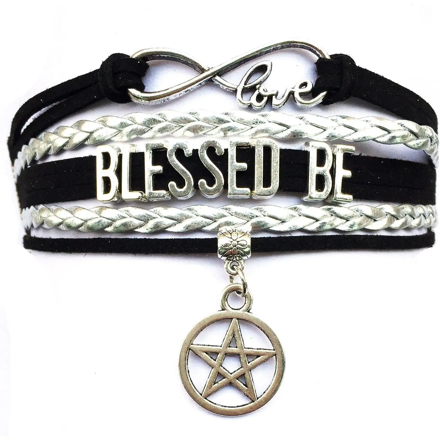 Blessed Be Bracelet Pentagram  Charm | Handwoven String Adjsutable,Unisex,Black with , ,   ,Halloween Themed,Infinity