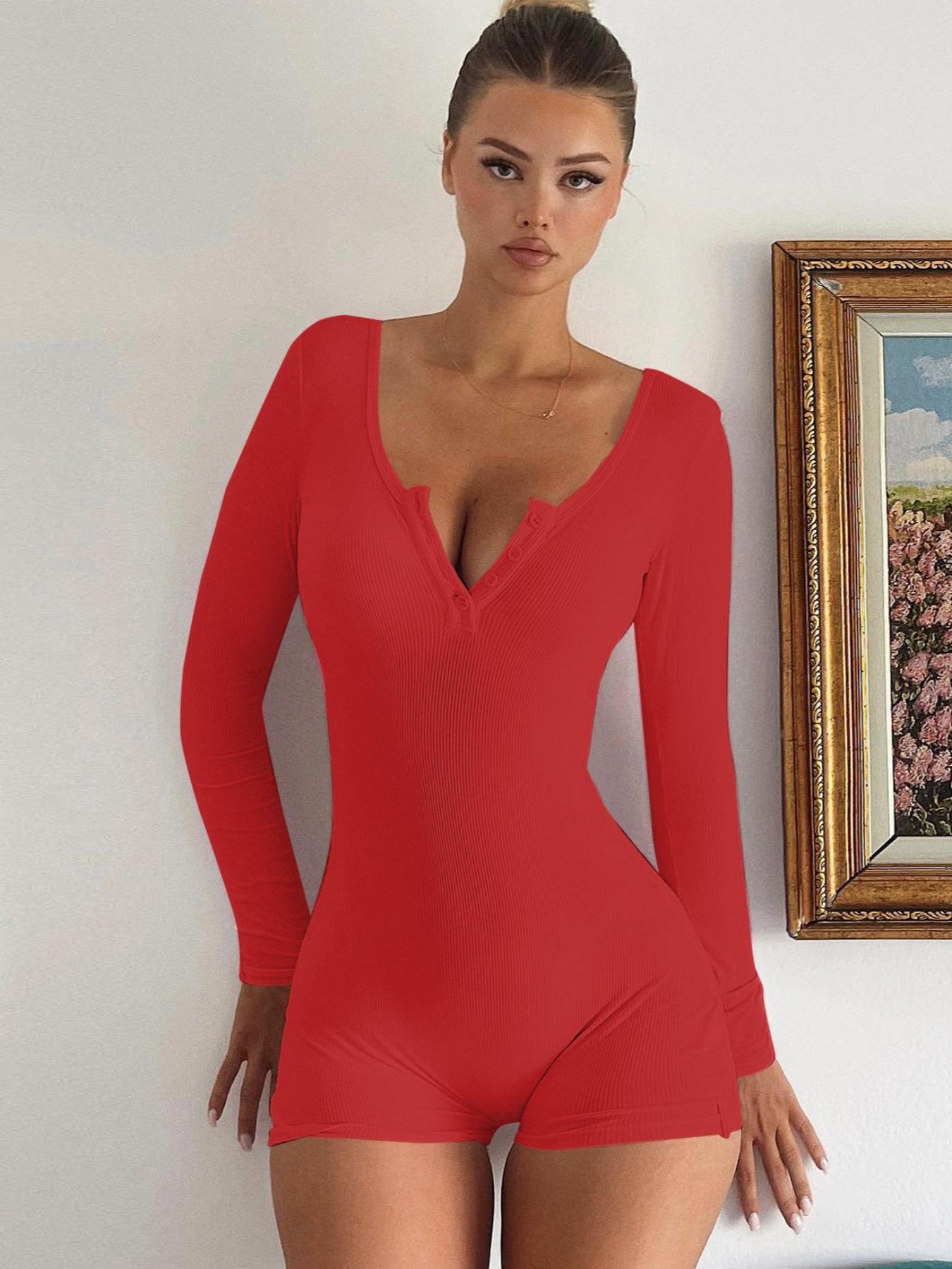 Women's Plain Button Front Ribbed Romper, Casual Long Sleeve Skinny Romper for Spring & Fall, Women's Clothes for Daily Wear, Womenswear