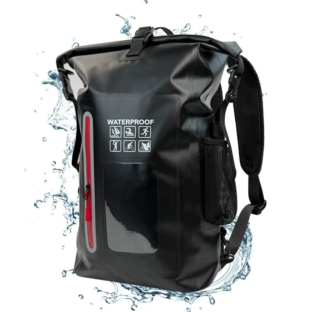 Fully Waterproof Roll Top Dry Backpack, Reflective Zipper Pocket, Water Bottle Mesh Holder, PVC, Ideal for Outdoor Activities